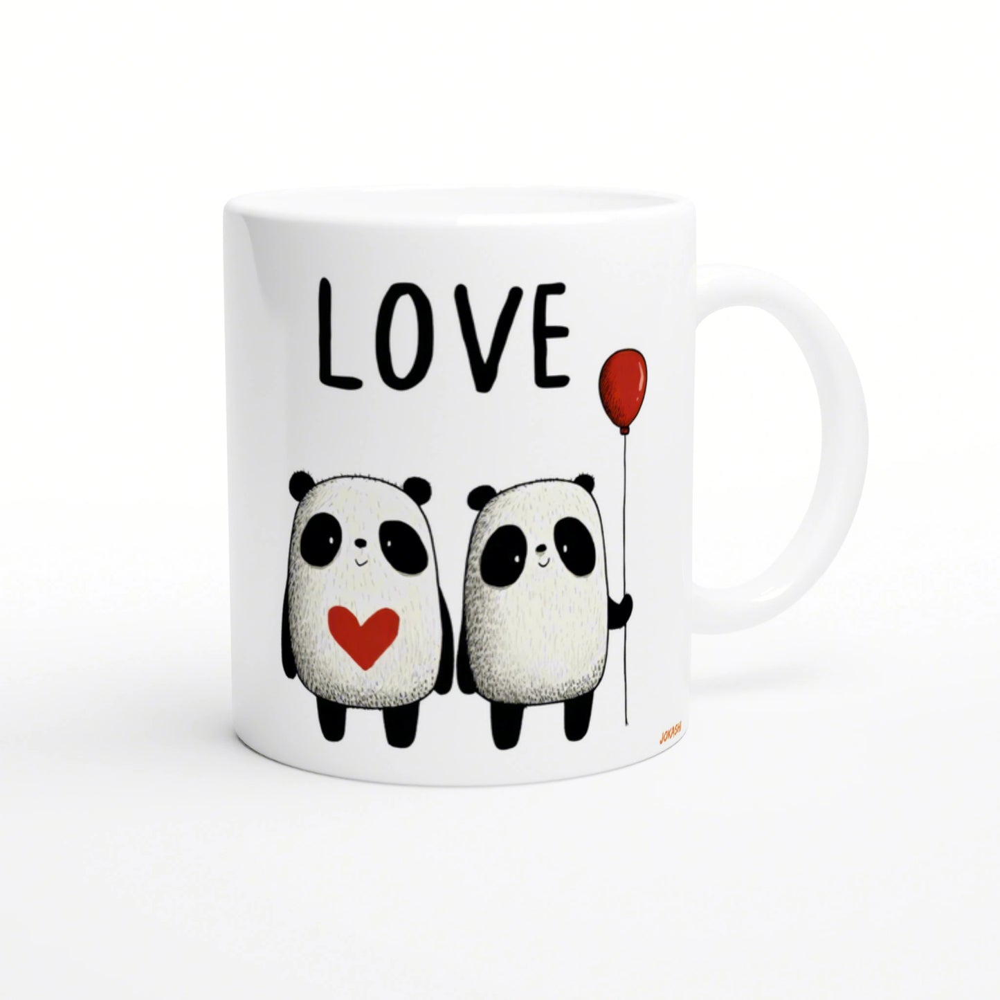 White mug showing two cute cartoon pandas under the word LOVE; one panda holds a red heart, the other a red balloon.