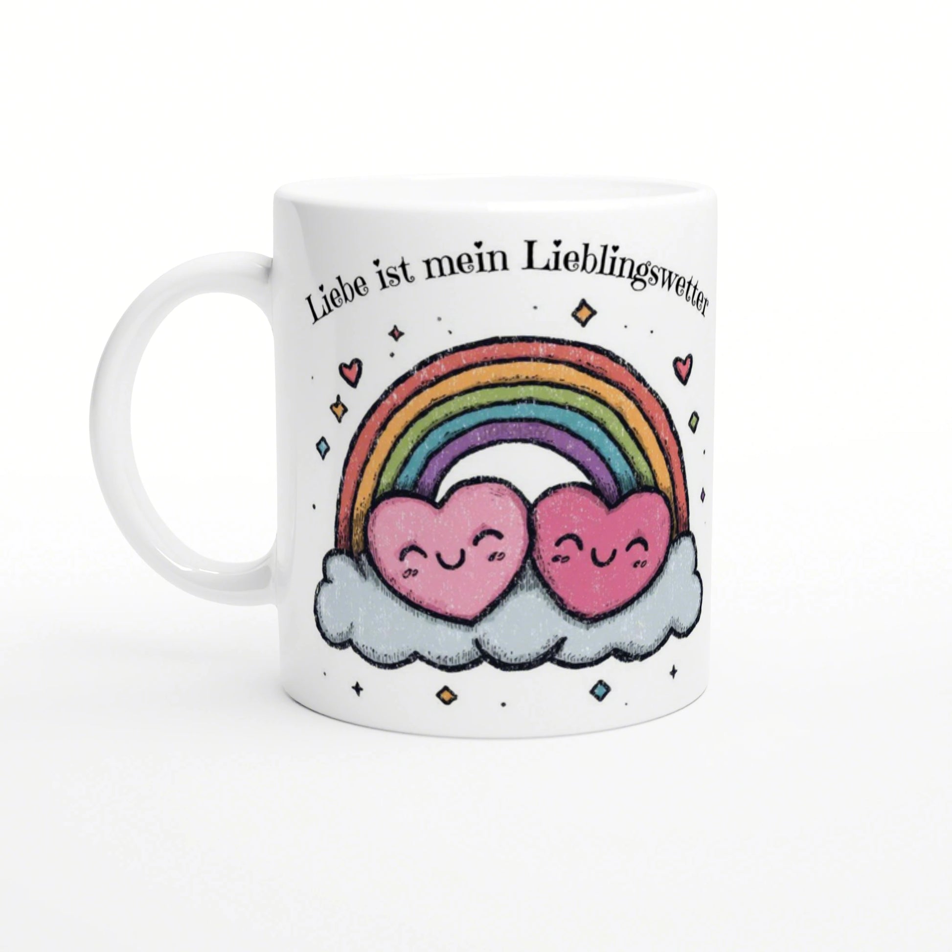 White mug mockup with two pink hearts on a cloud under a rainbow and the German slogan Liebe ist mein Lieblingswetter.