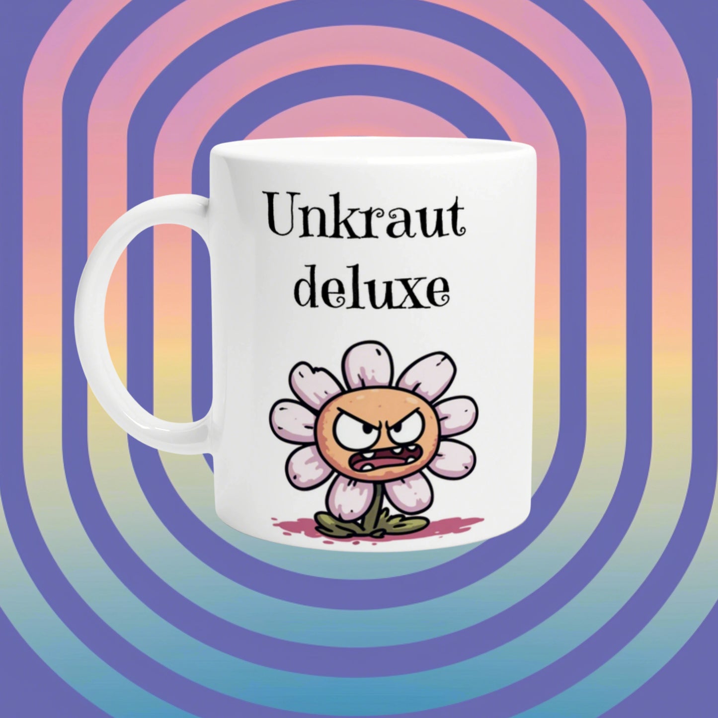 White ceramic mug featuring the slogan Unkraut deluxe and an angry cartoon flower, set against a pastel purple spiral background.