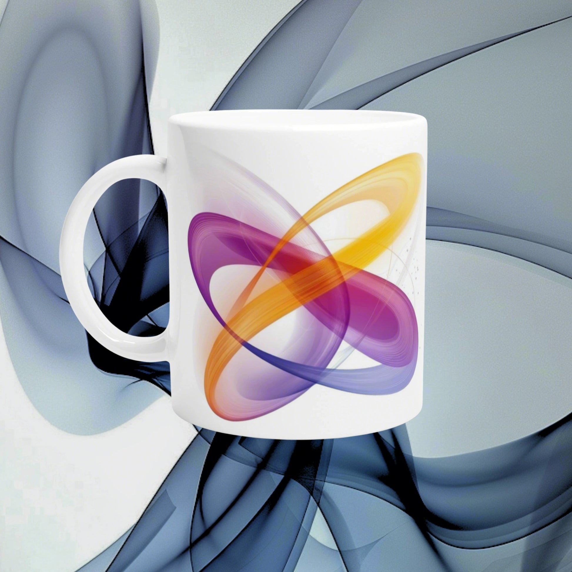 White ceramic mug with vibrant abstract swirl artwork; product mockup for mugs and T-shirts in an online shop.