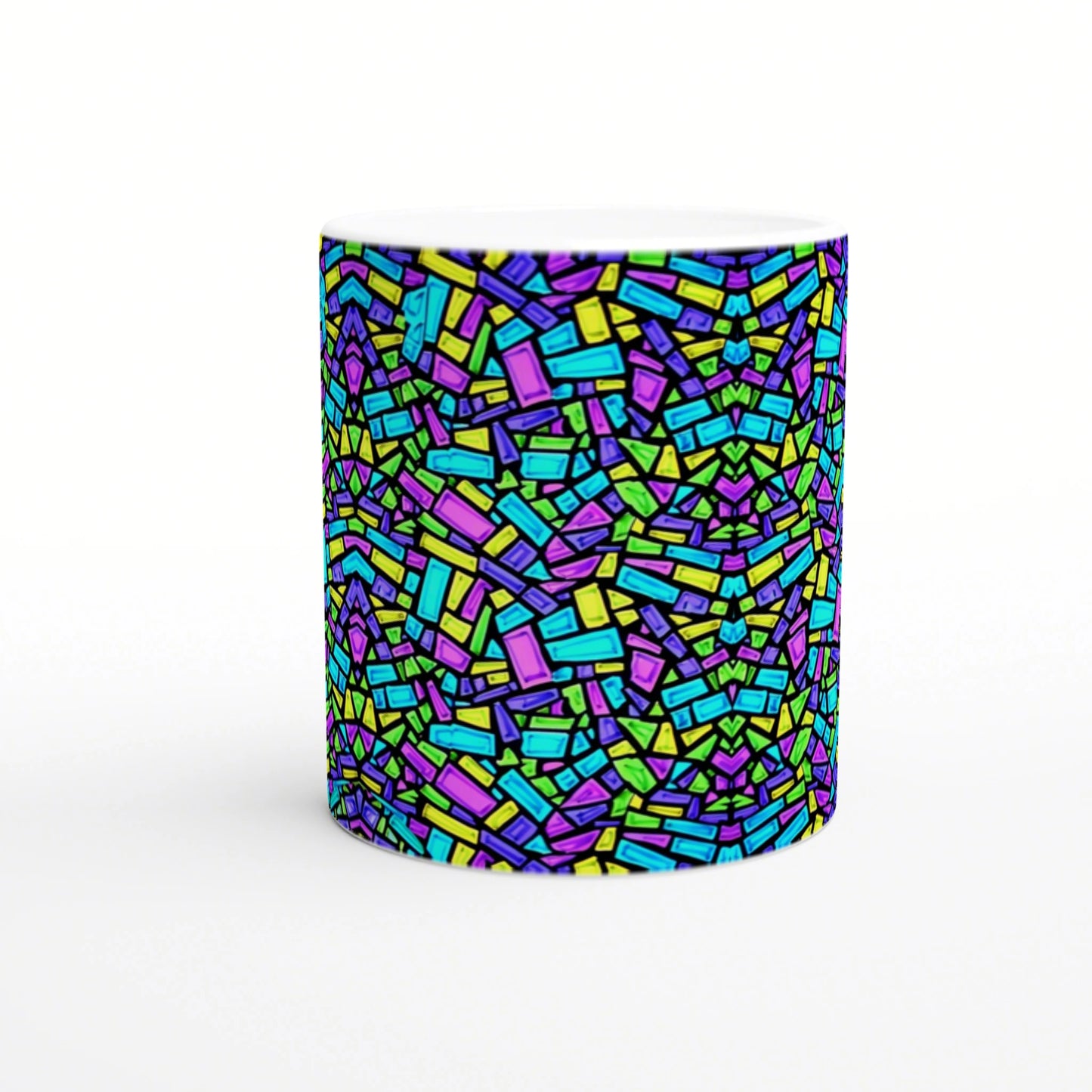 White mug with a vibrant multicolor mosaic of small rectangular shapes in blue, purple, green, and yellow.