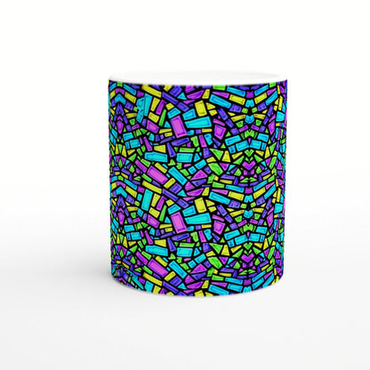 White mug with a vibrant multicolor mosaic of small rectangular shapes in blue, purple, green, and yellow.