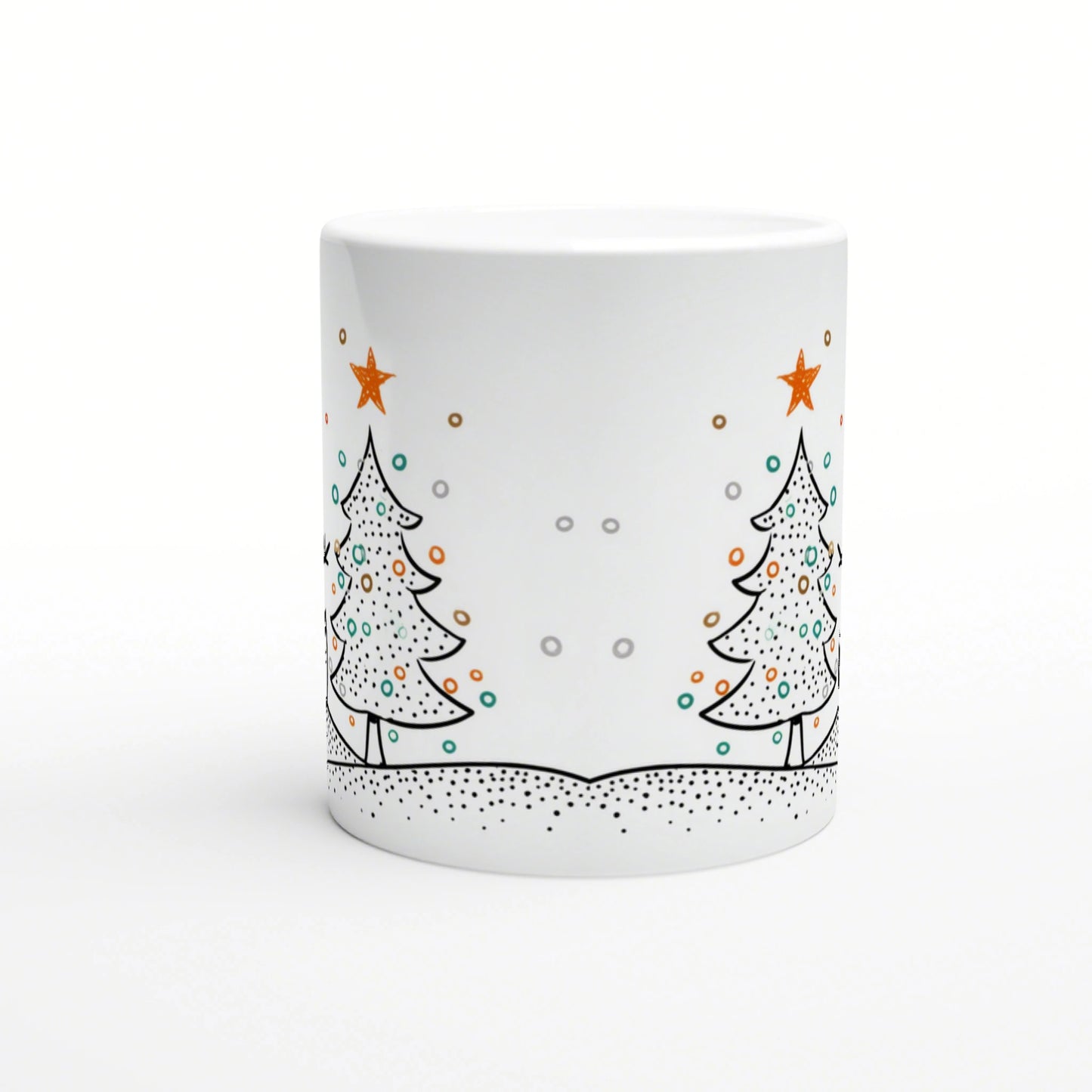 White mug featuring a whimsical winter scene with outlined Christmas trees, orange stars, colorful dots, and a snowy ground.