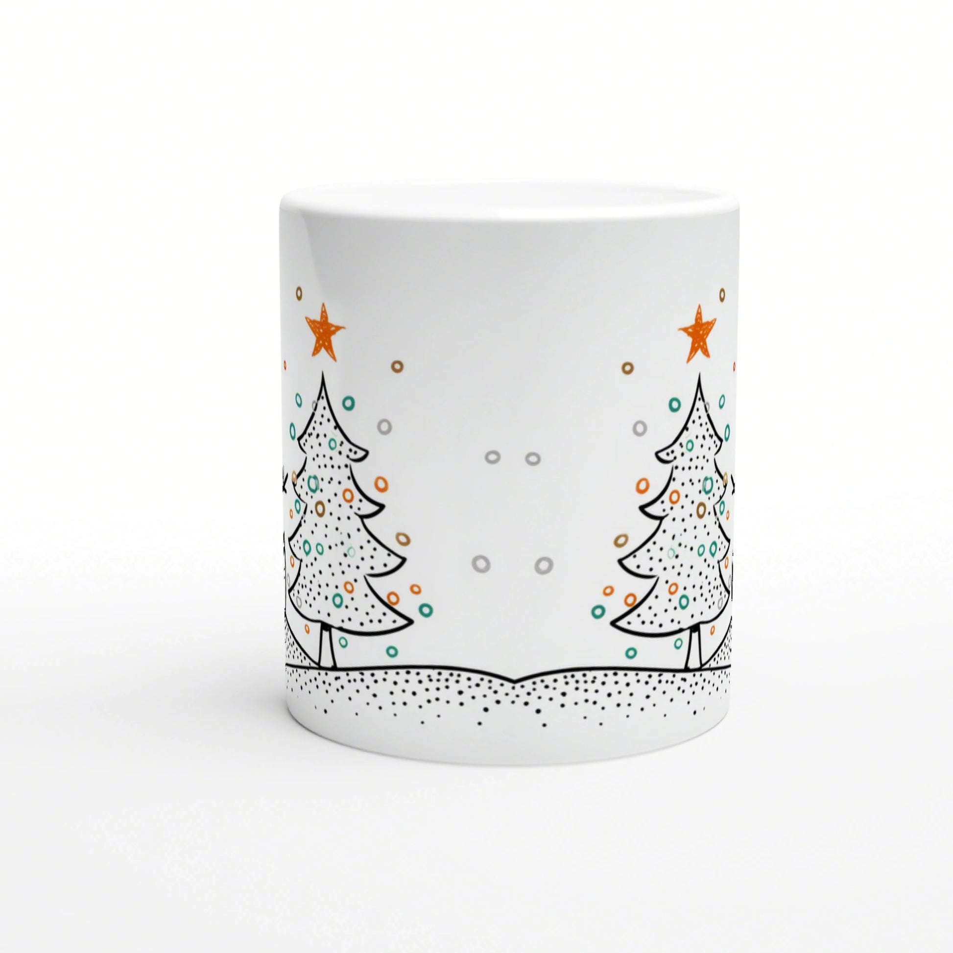 White mug featuring a whimsical winter scene with outlined Christmas trees, orange stars, colorful dots, and a snowy ground.
