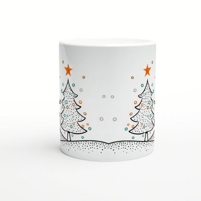 White mug featuring a whimsical winter scene with outlined Christmas trees, orange stars, colorful dots, and a snowy ground.