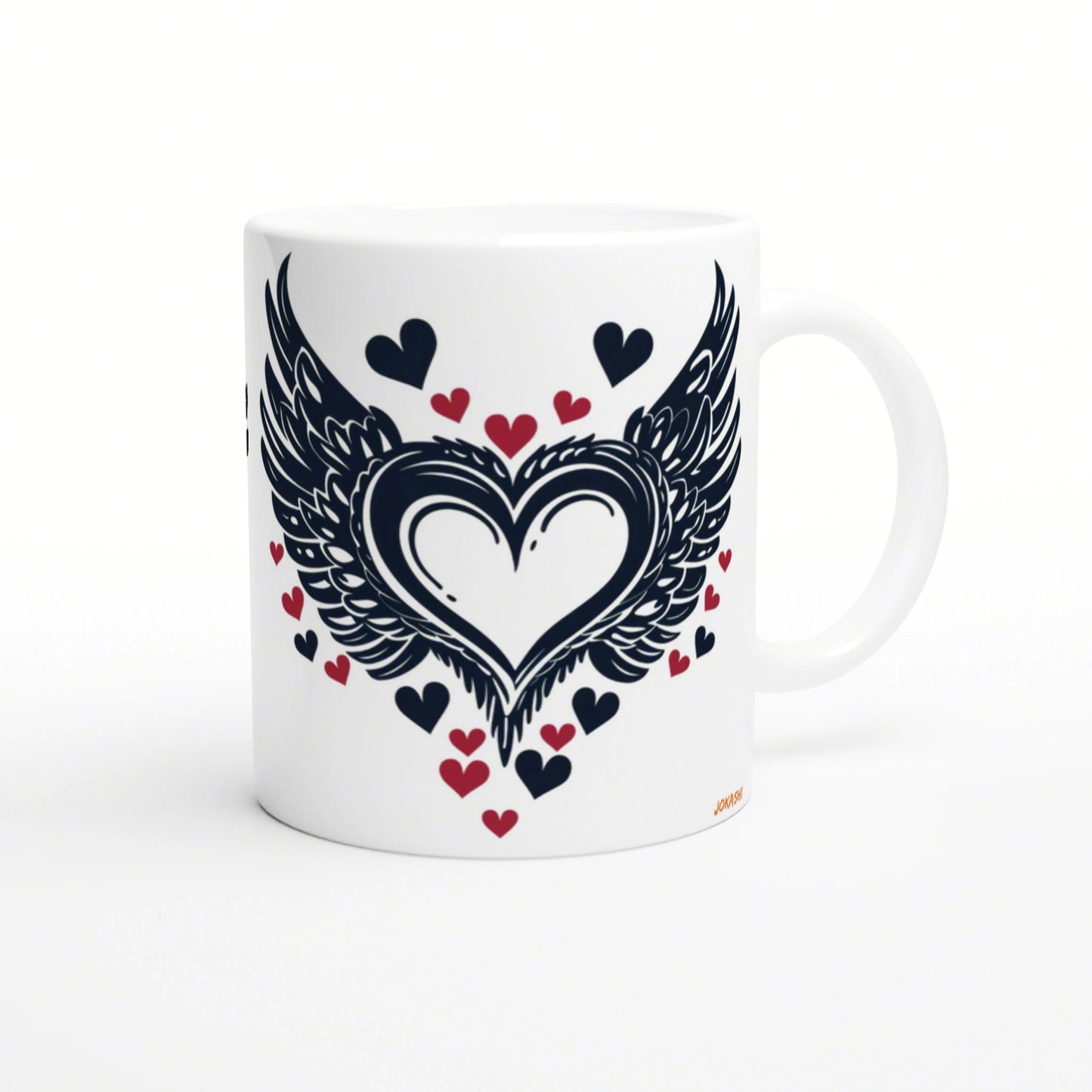 White ceramic mug featuring a bold winged heart design in navy, surrounded by navy and red hearts; product mockup.