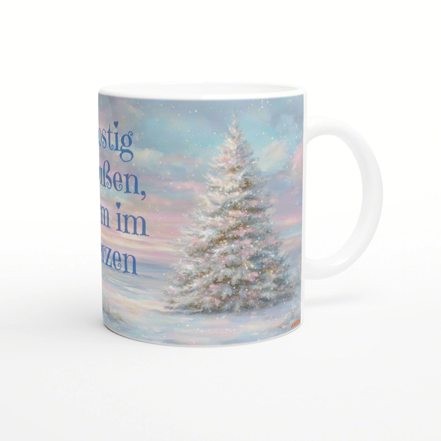 White mug with winter scene: snow-covered Christmas tree against pastel sky and falling snow, with blue text on the left.