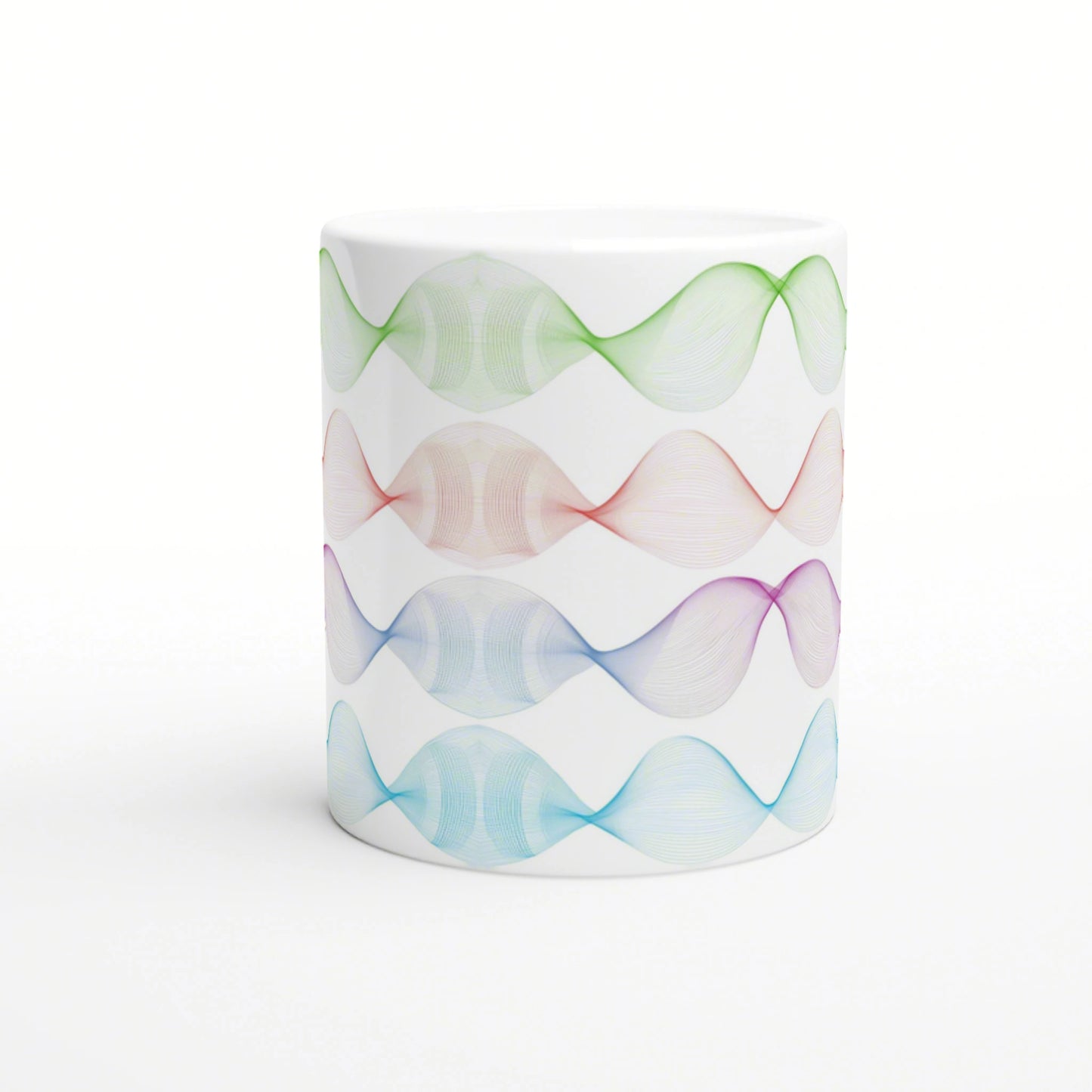 White mug with multiple horizontal bands of colorful, wavy lines in green, red, purple, blue, and light blue.