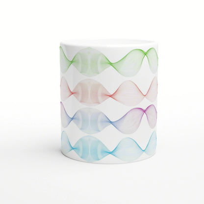 White mug with multiple horizontal bands of colorful, wavy lines in green, red, purple, blue, and light blue.