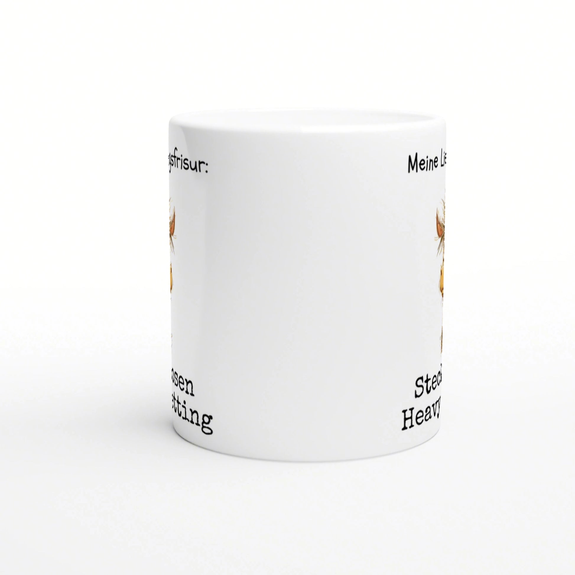 White ceramic mug mockup with wraparound black text and a small side design, for a humorous slogan product.