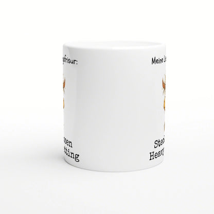 White ceramic mug mockup with wraparound black text and a small side design, for a humorous slogan product.
