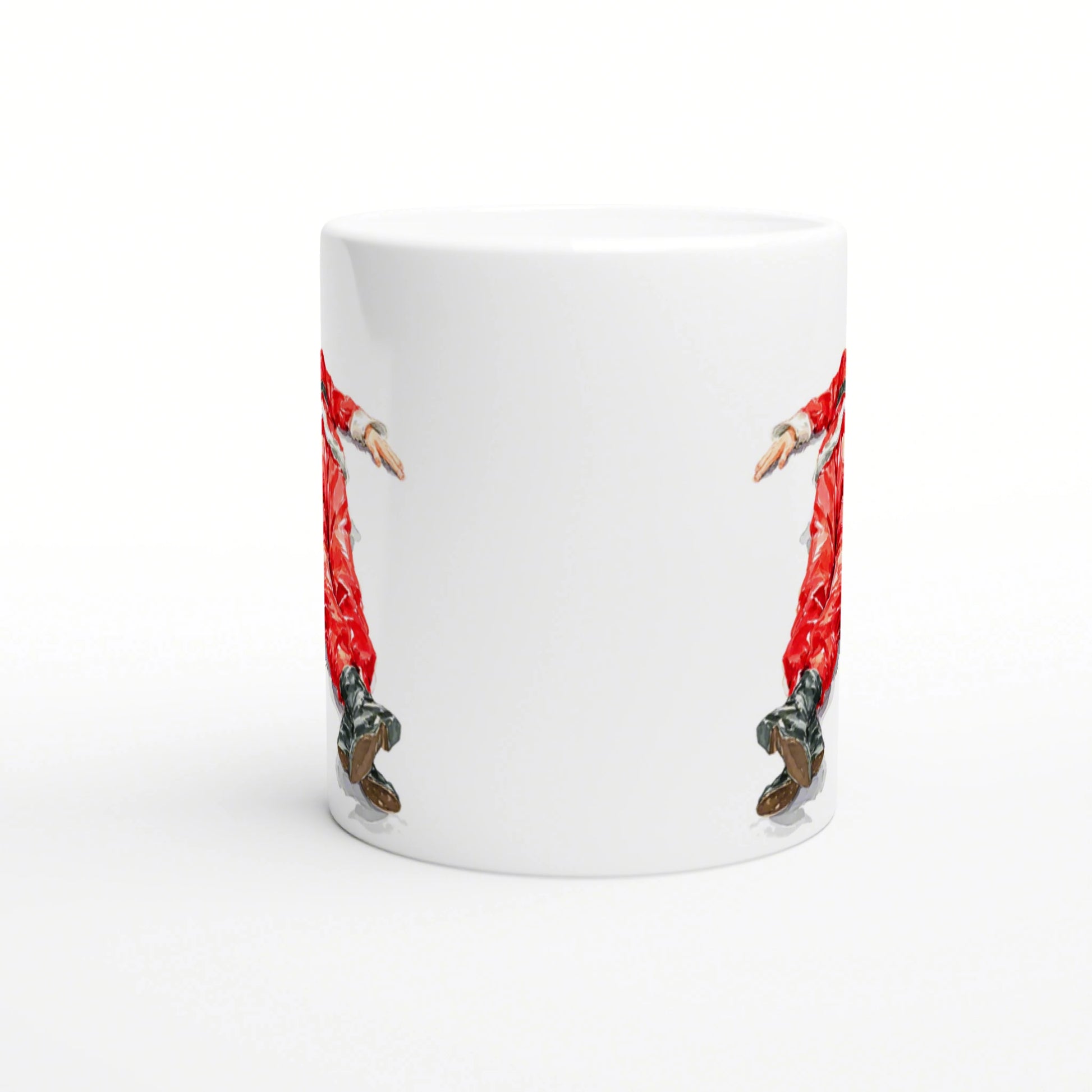 White ceramic mug with a wraparound print showing a person in a red outfit, with visible legs and shoes on both sides.