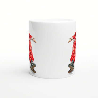 White ceramic mug with a wraparound print showing a person in a red outfit, with visible legs and shoes on both sides.